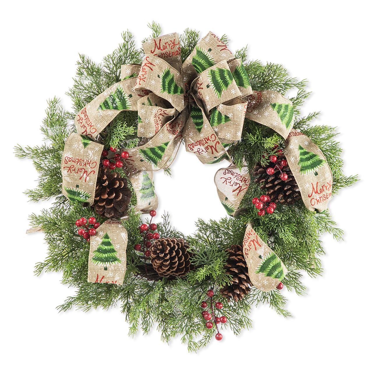 Glitzhome&#xAE; 24&#x22; Cypress Leaves &#x26; Pinecone Wreath with Ribbon &#x26; Bow